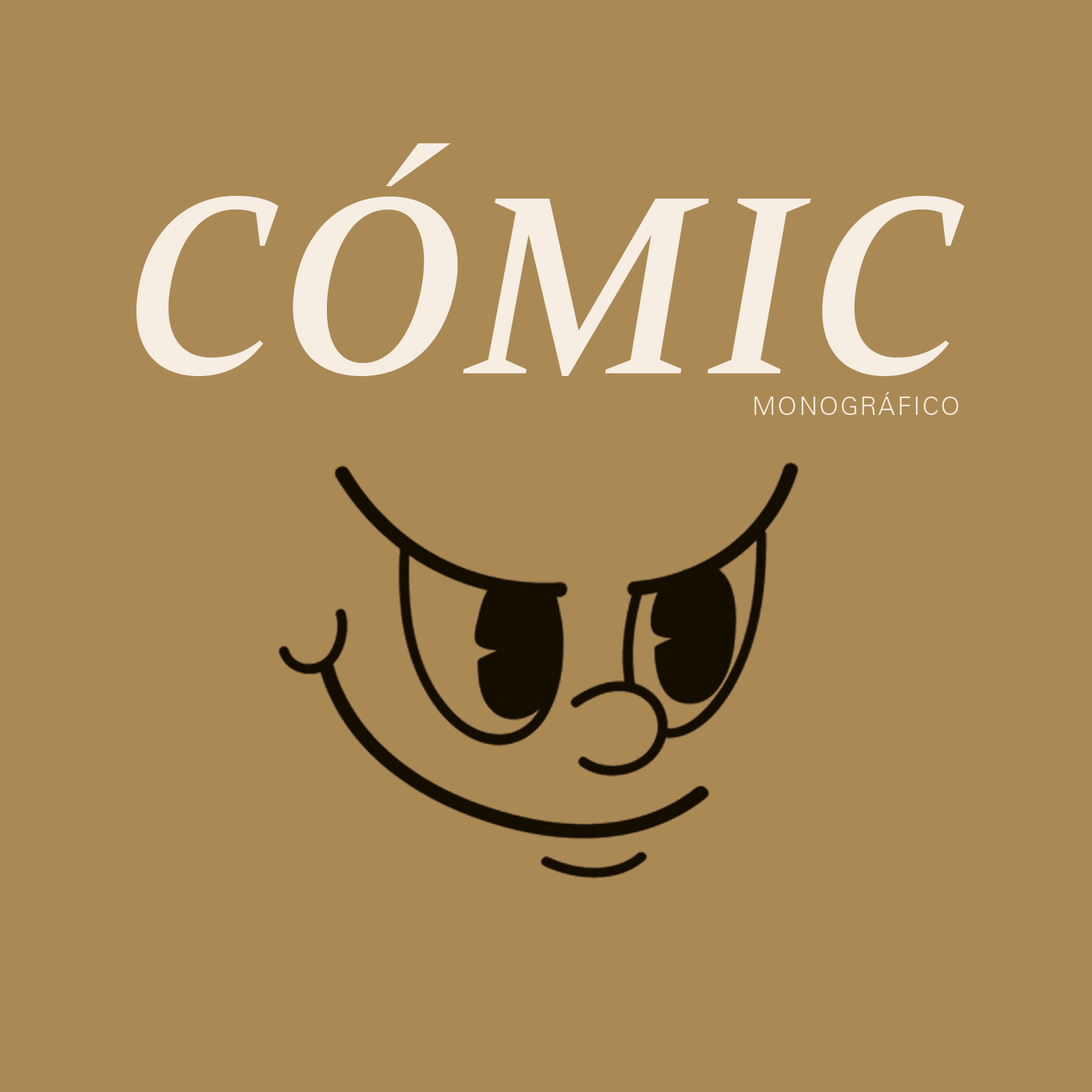 Portada de una revista de cómics con fondo beige, un personaje sonriente con ojos grandes, cejas delgadas, cabello en punta y usando un vestido negro.