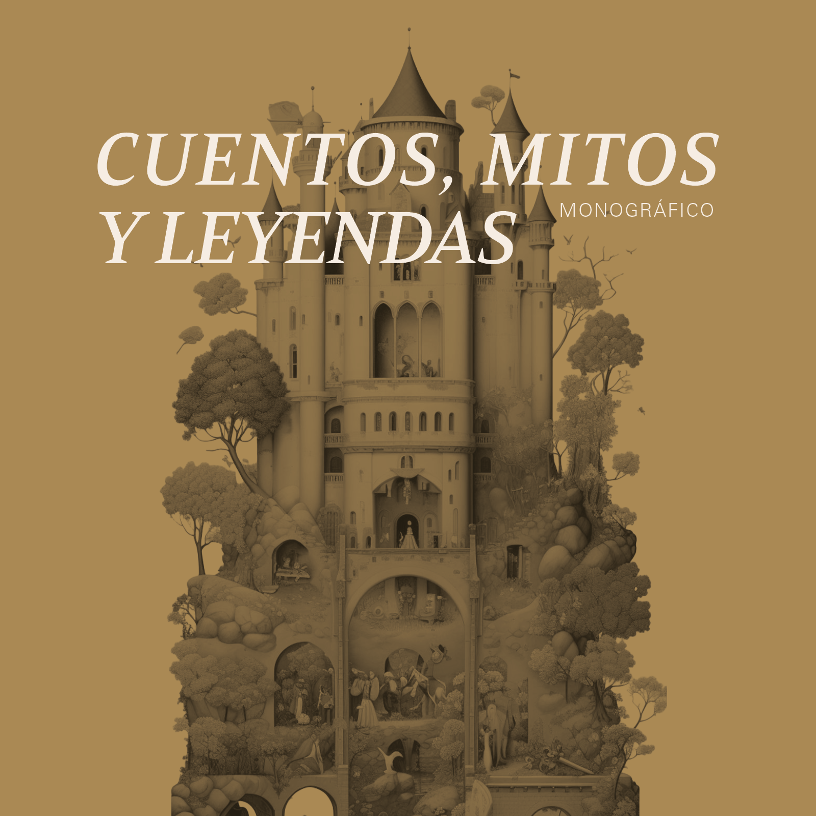 Ilustración de un castillo mágico de varios pisos, rodeado de árboles y personajes en diferentes escenas dentro y fuera del castillo, con un fondo beige.