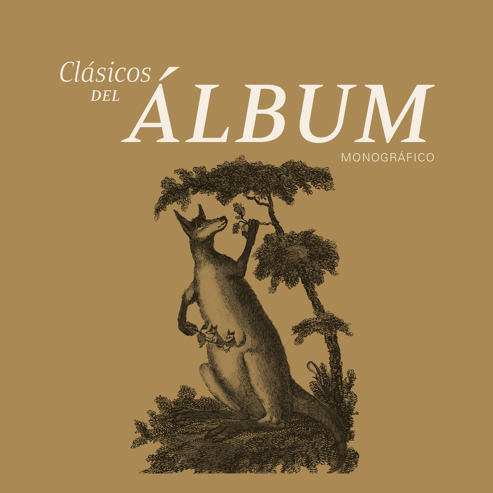 Portada de un libro con título en letras grandes: 'Clásicos del Álbum', en un fondo color marrón y con ilustración en tinta de un árbol con animales.