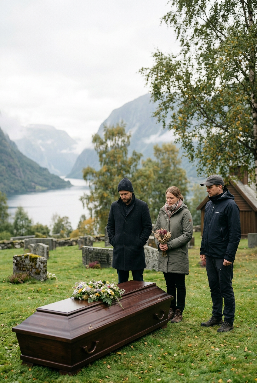Tre personer står ved en gravplass, ser ned på en kiste med blomster, omgitt av gravstein. Det er et uttrykksfullt og sørgmodig øyeblikk.