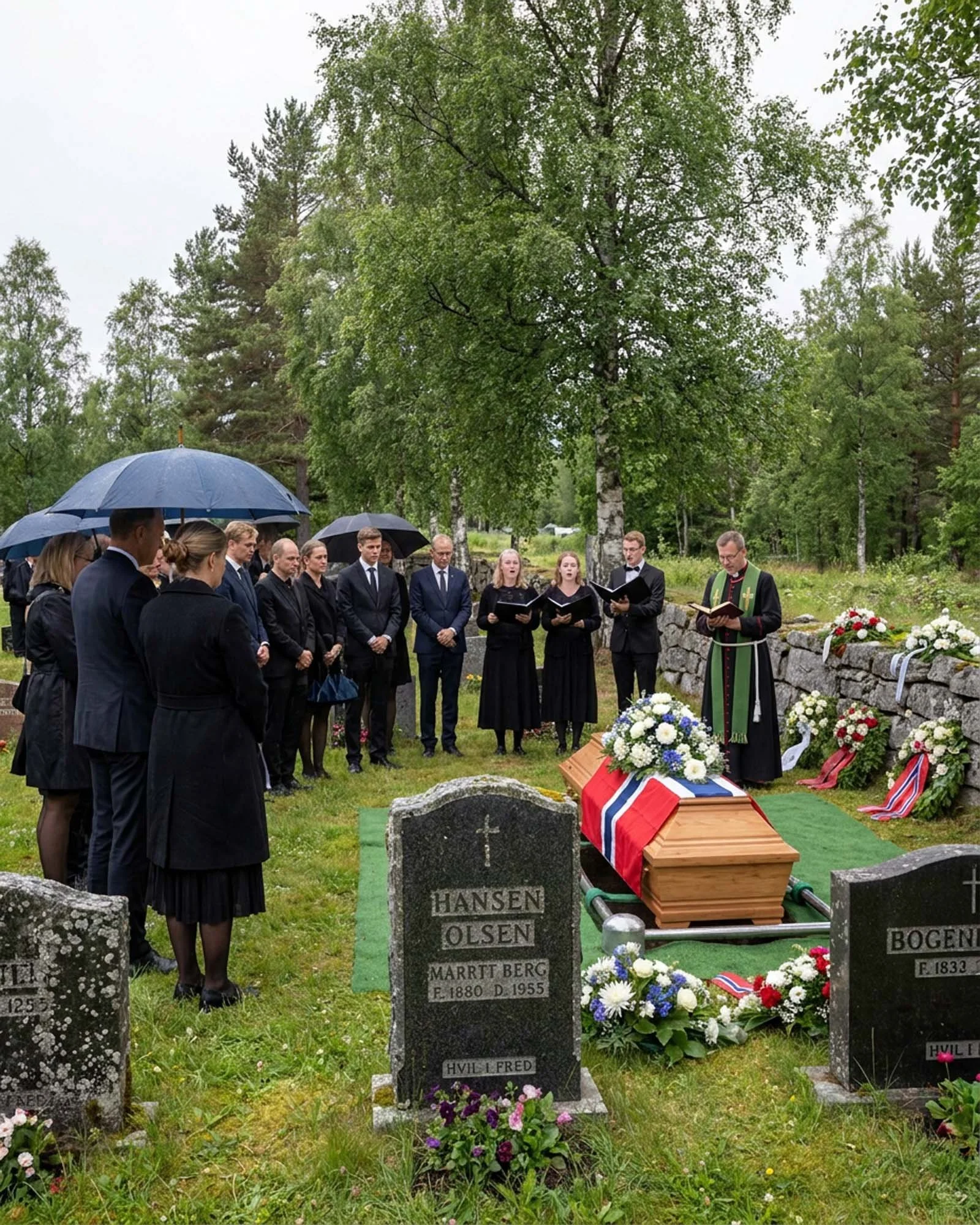 Gruppe mennesker som står i en kirkegård under en begravelse, noen med paraplyer, foran gravstein og blomster, med trær i bakgrunnen.