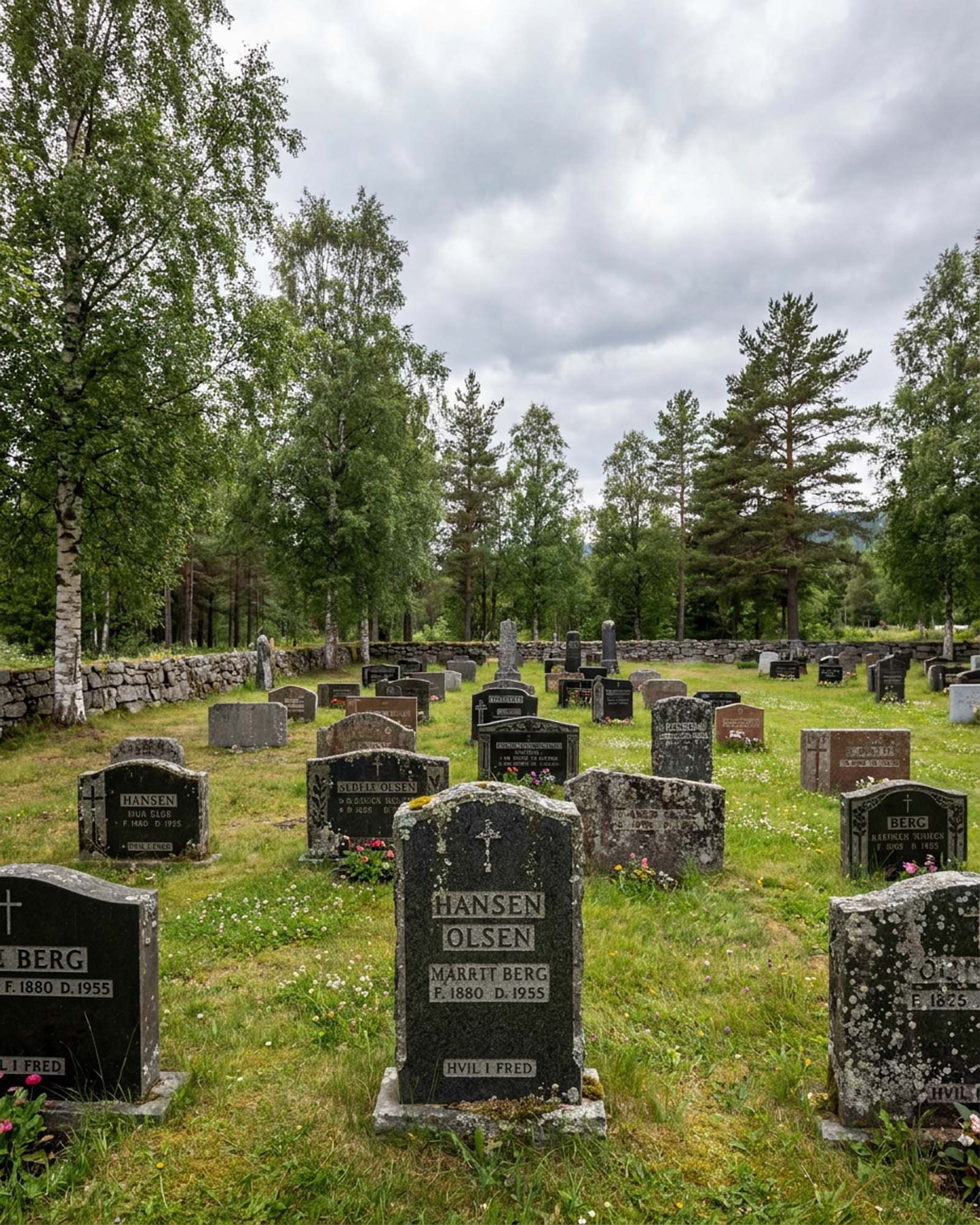 Gravplass med mange gravstøtter omgitt av grønne trær under en overskyet himmel.