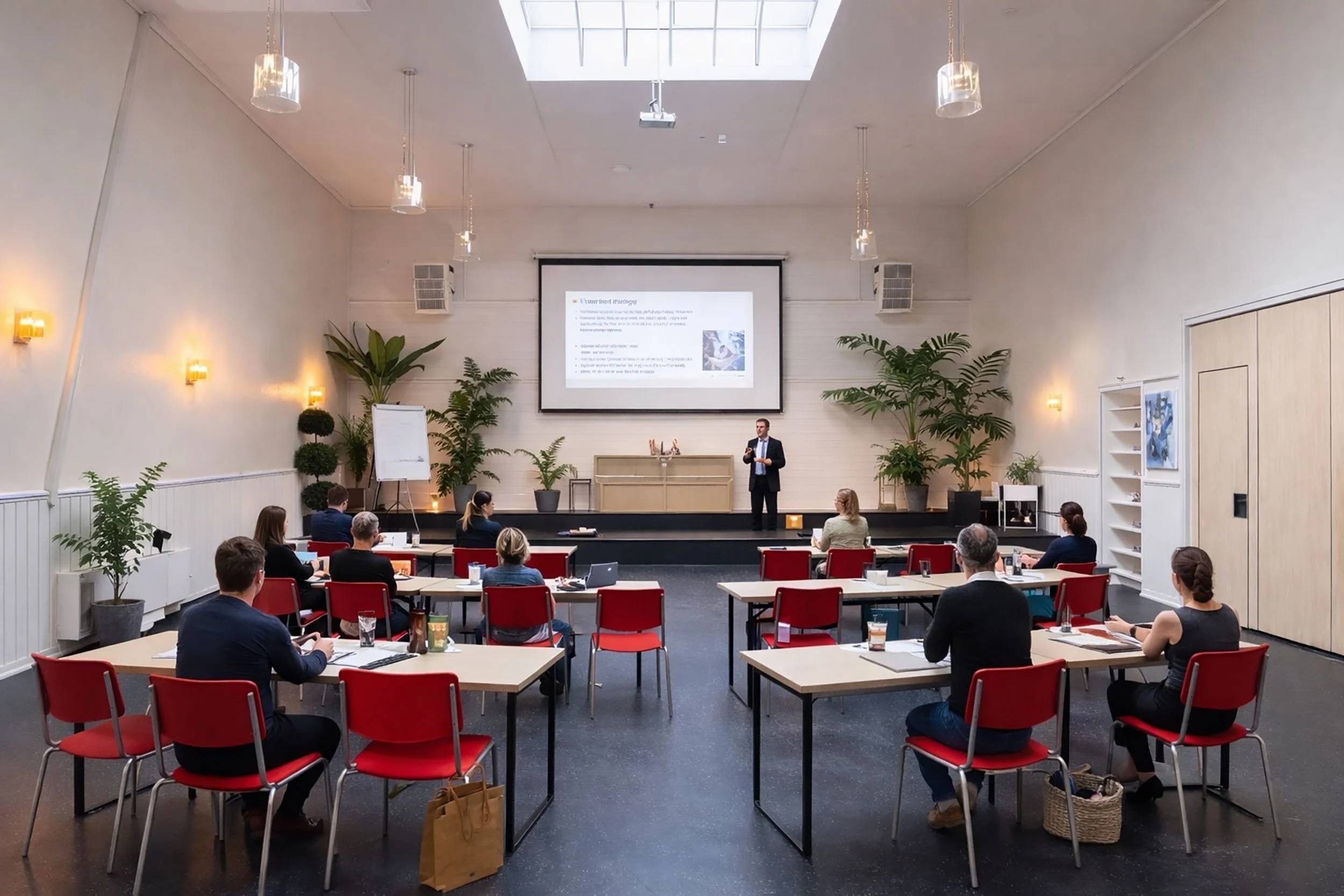 En konferansesal med personer som deltar i et møte, der en person holder en presentasjon foran en skjerm. Rommet er dekorert med grønne planter og har store vinduer i taket.