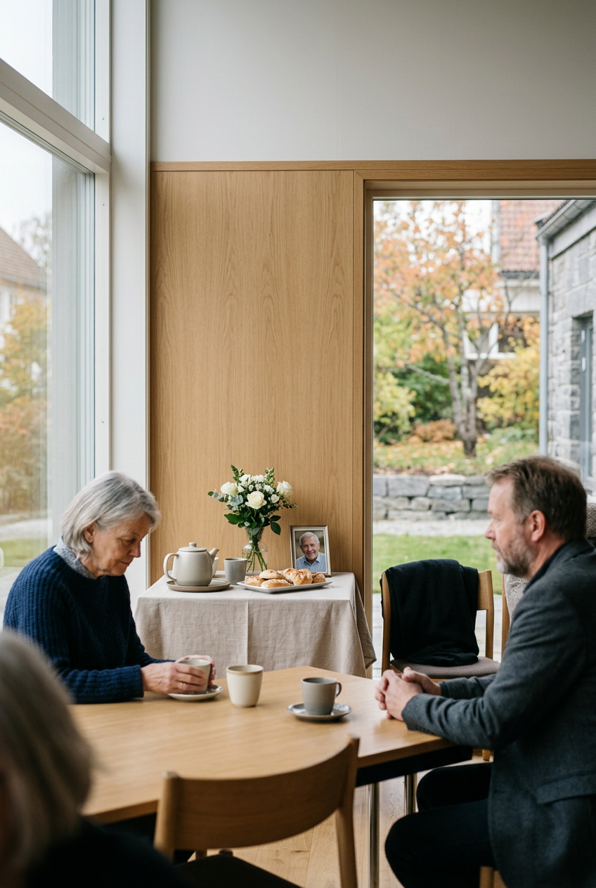 To personer sitter ved et bord inne, der er en vase med blomster, en bilde av en eldre mann, en tekanne og noen croissanter. Utenfor er det høst med fargede trær.