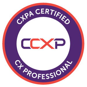 CXPA Certified CX Professional badge with purple background and white text.