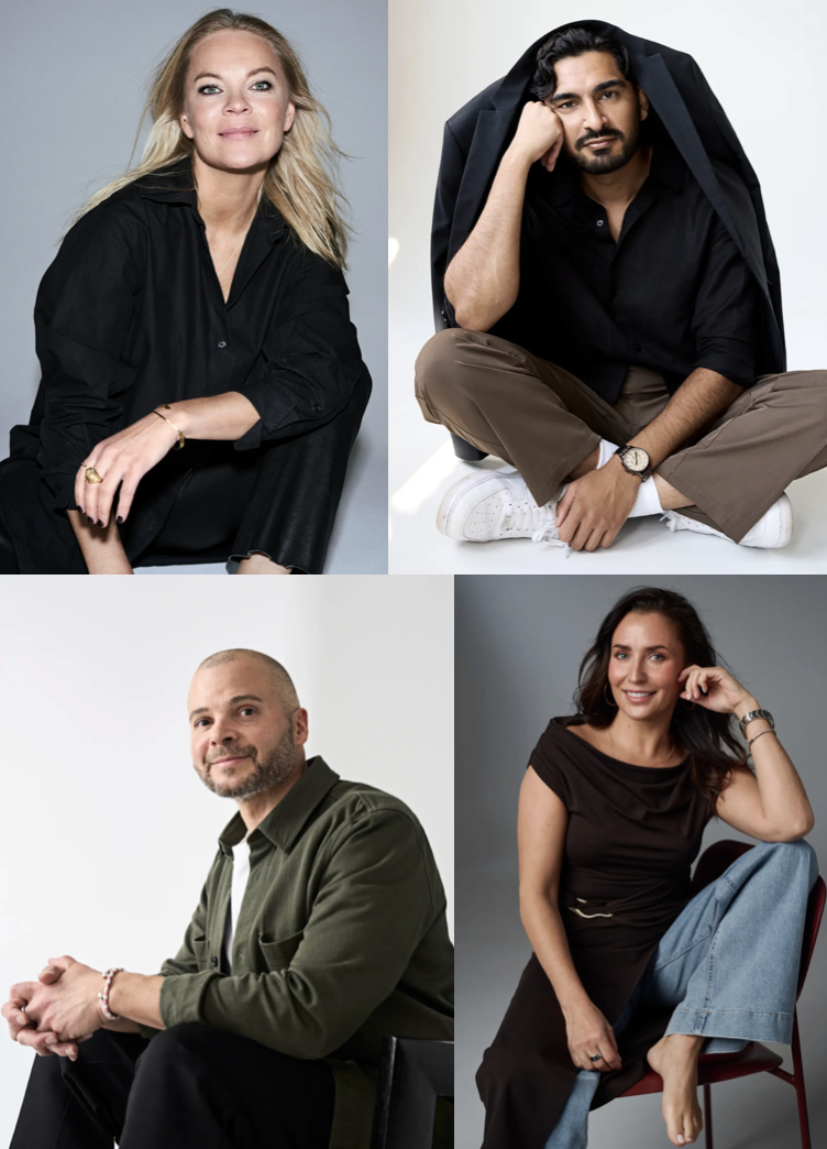 Four portraits of diverse adults posing for photos against plain backgrounds, showcasing casual and confident expressions. Portrait photgraphy.