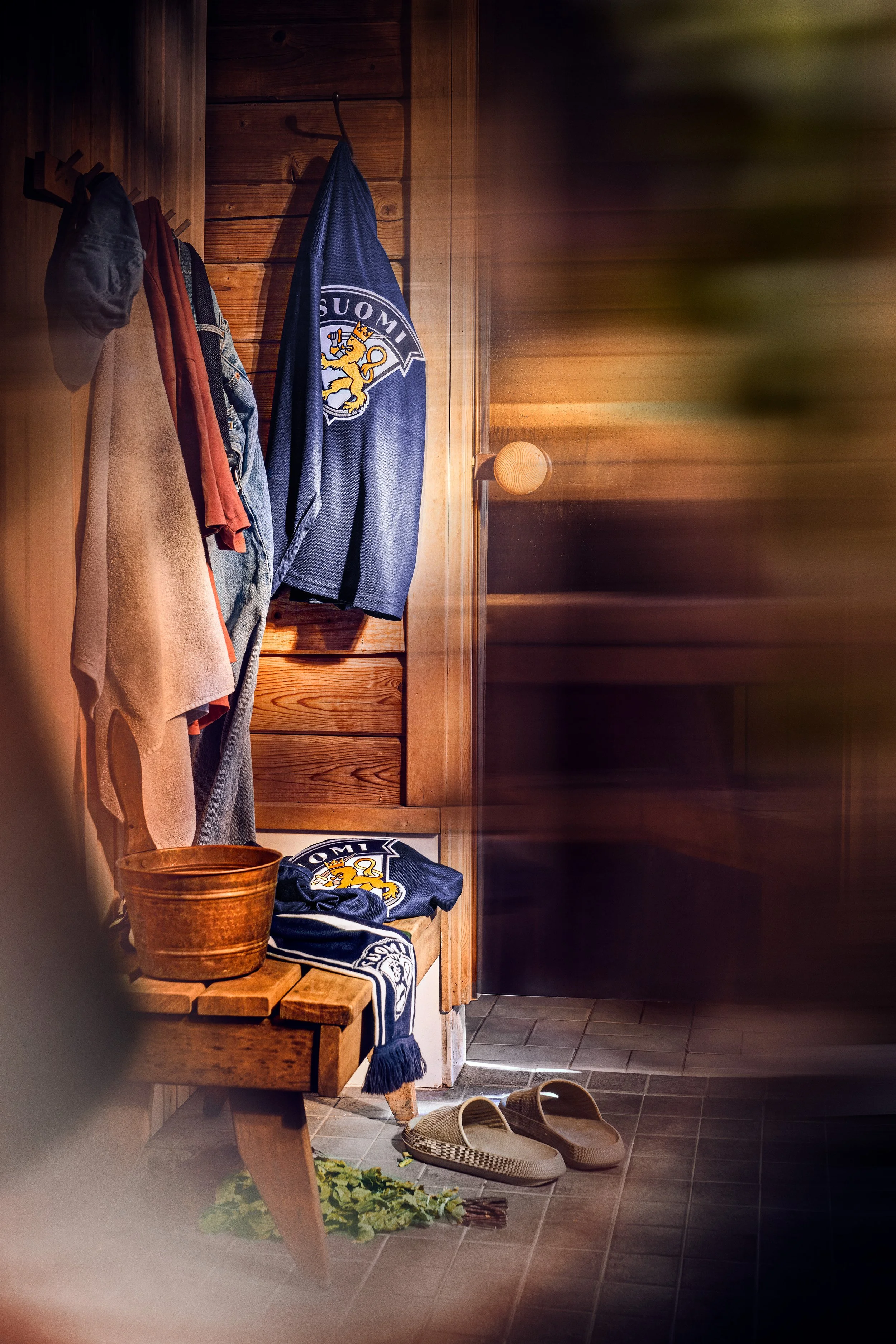 Sauna room, with hockey jersey. Hockey world championship 2026. Ad photo