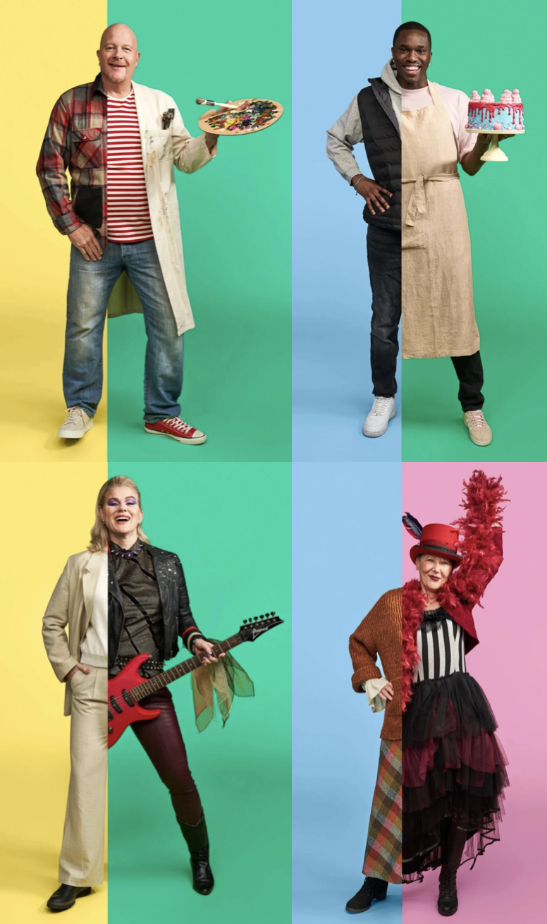 Four diverse individuals, each standing against colorful divided backgrounds, holding creative or artistic items and dressed in unique outfits showcasing different hobbies.