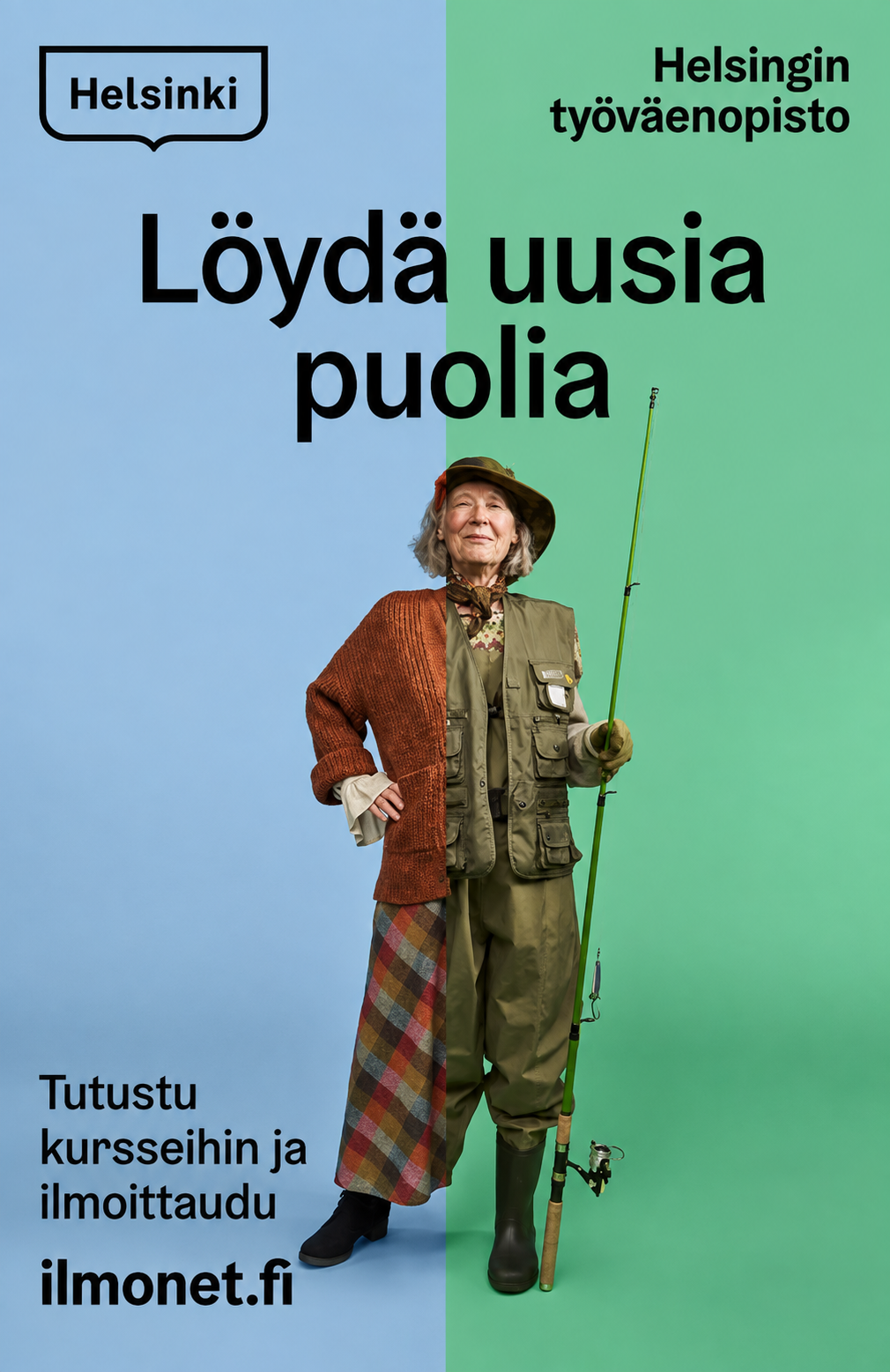 A split ad photo featuring an elderly woman dressed in fishing gear, holding a fishing rod and normal clothes.