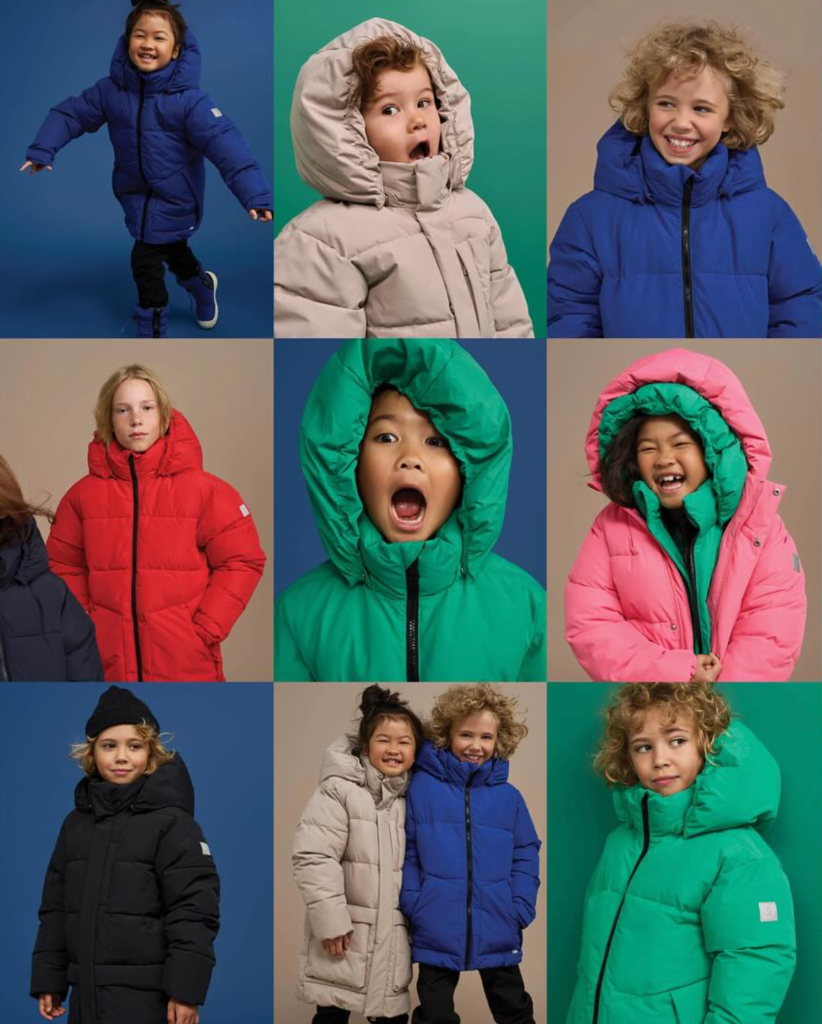 Collage of children wearing colorful winter jackets in various poses and expressions. Ad photo for Reima.