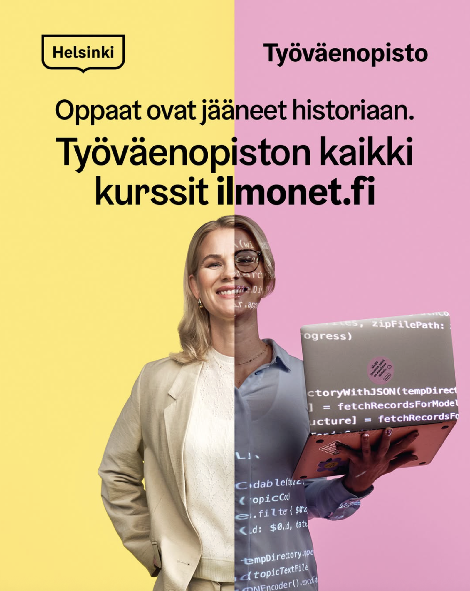 half of a woman in a beige blazer and white sweater standing against a yellow background on the left, and half of a woman holding a laptop with programming code against a pink background on the right. Ad photography.