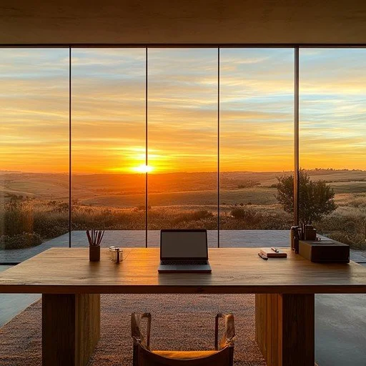Provisional reference: a wooden desk overlooking a landscape at sunset.