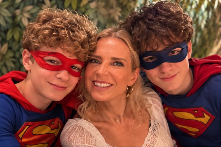 Kaja Dass Pavan laughing with her two sons, dressed as little superheroes in masks and cuddled up to her