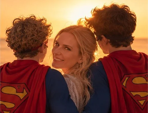 Kaja mit ihren beiden Söhnen in Superhelden-Umhängen im Sonnenuntergang – FAMILY BLISS