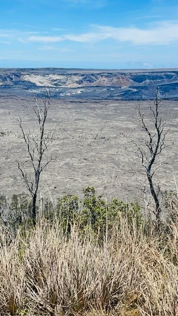 Weite Lavafelder mit trockenem Gras unter blauem Himmel auf Big Island, Hawaii