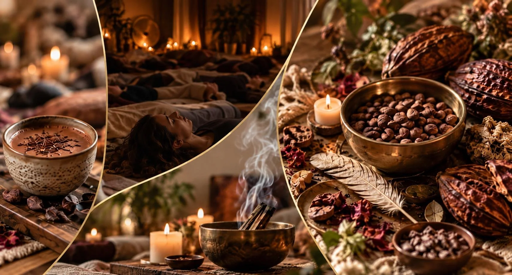 Ceremonial cacao with candles and cacao beans for the Breath & Cacao event