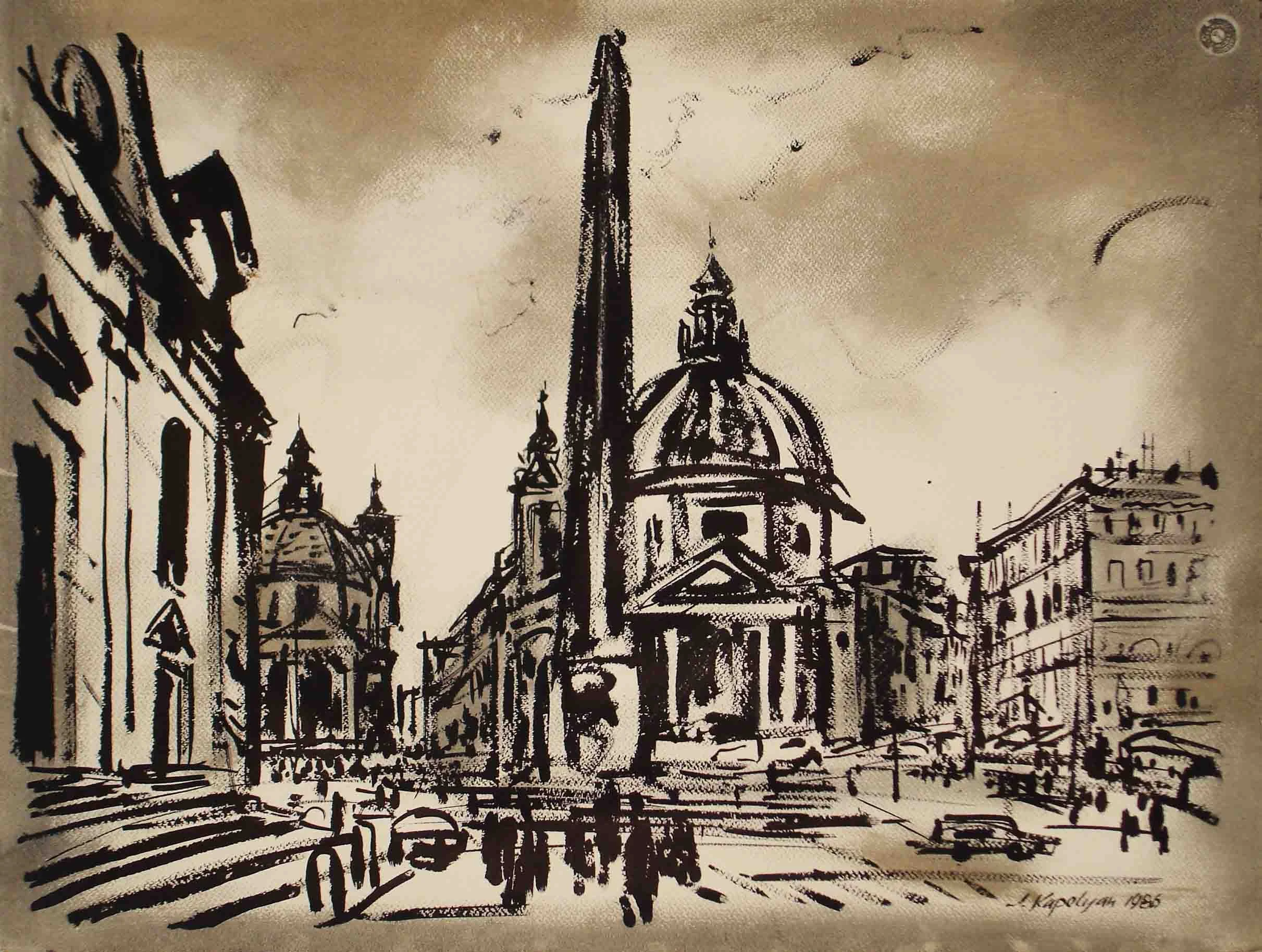 From "Rome" Series (1986) -  Ink brush on paper, 49 × 64 cm