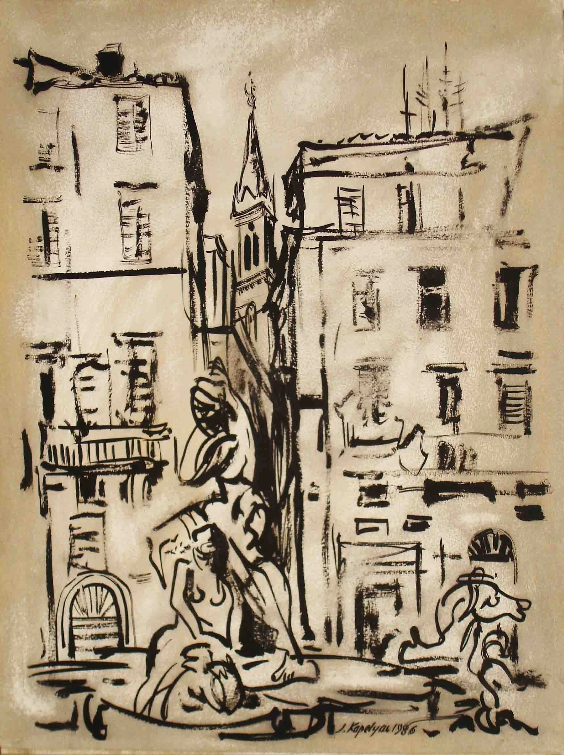 From "Rome" Series (1986) -  Ink brush on paper, 49 × 64 cm