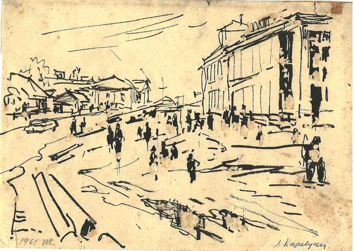 New Street, Minsk (1961) - Ink pen on paper, 12 × 17 cm