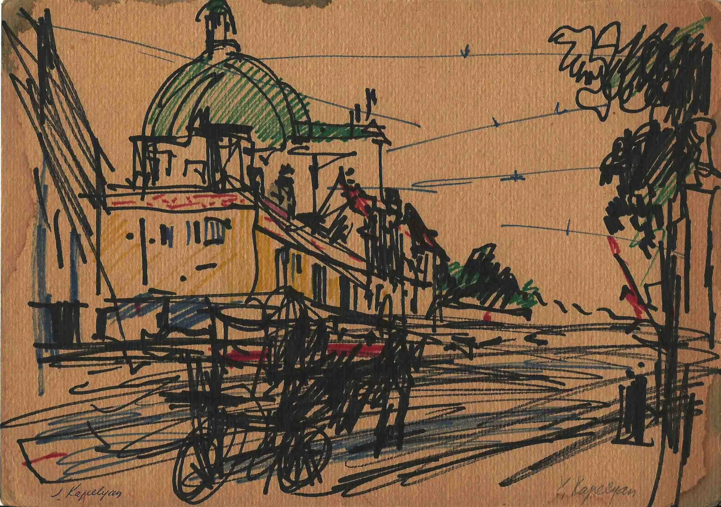 Carriage on Street in Vienna Collection (1988) - Ink and color pen on paper, 21 × 29 cm