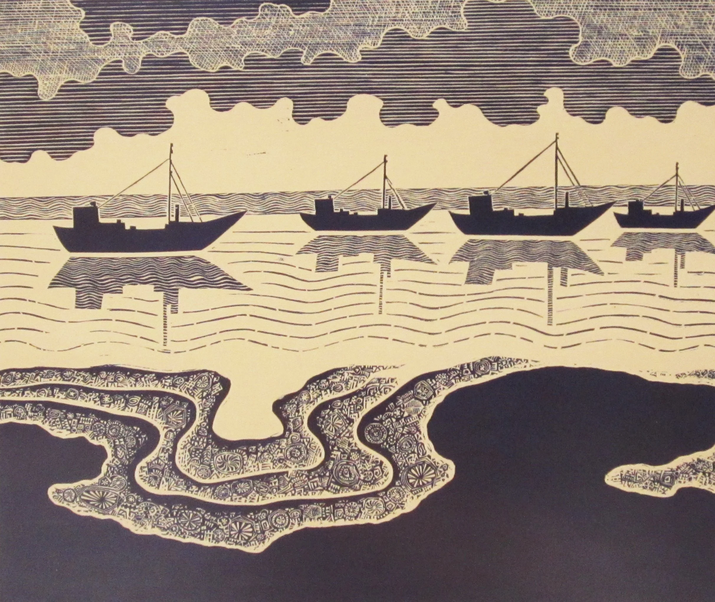 The Calm (Штиль), a linocut engraving by Joseph Kapelyan, 1971. Dimensions: 48x60 cm.