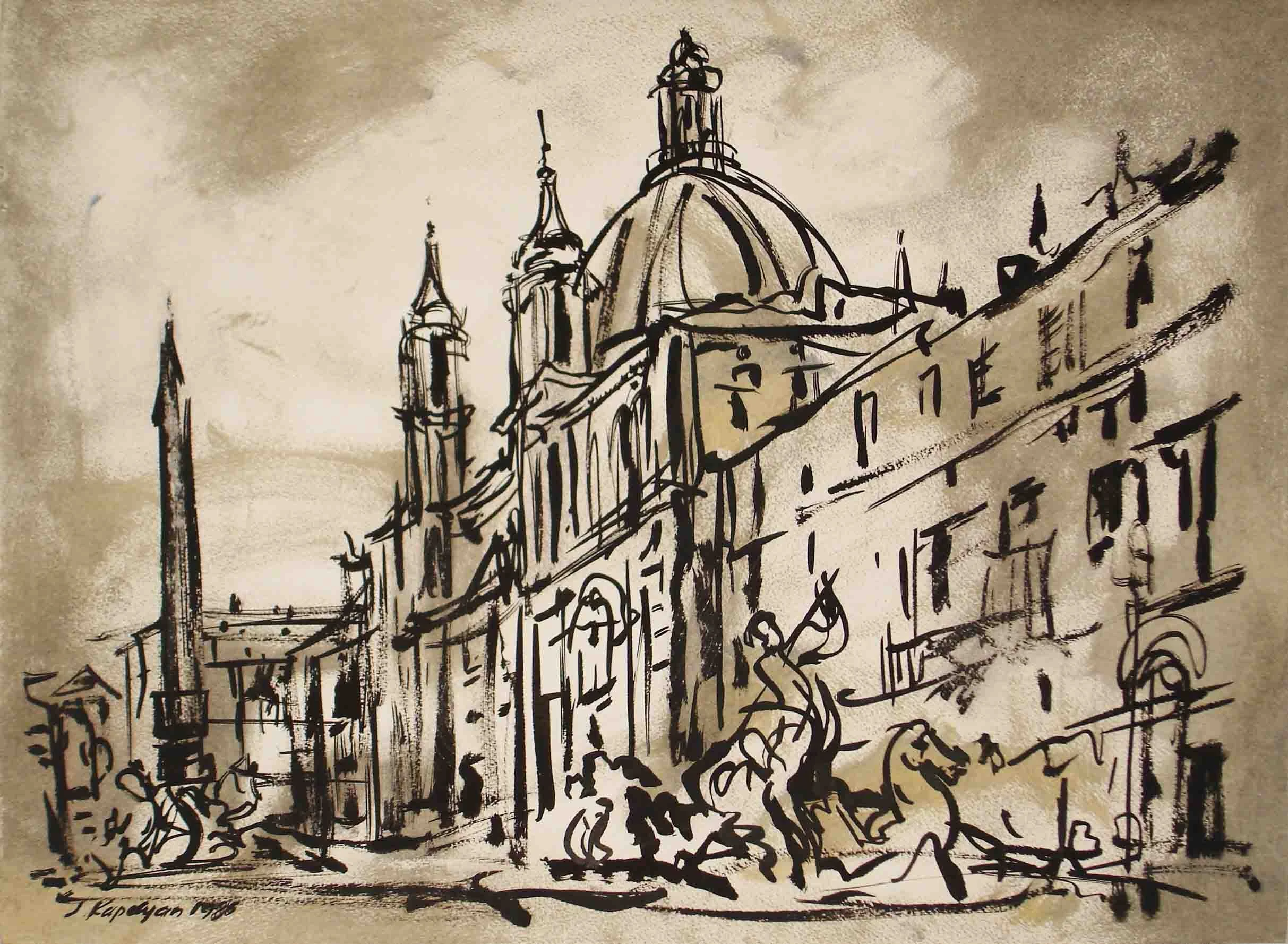 From "Rome" Series (1986) -  Ink brush on paper, 49 × 64 cm