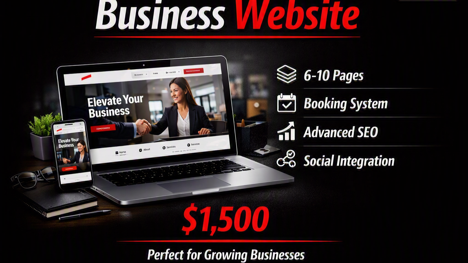 An advertisement showcasing a package for building a business website, including a laptop and smartphone displaying a professional website with a handshake image, with icons and text highlighting features like 6-10 pages, booking system, advanced SEO, and social integration, priced at $1,500.