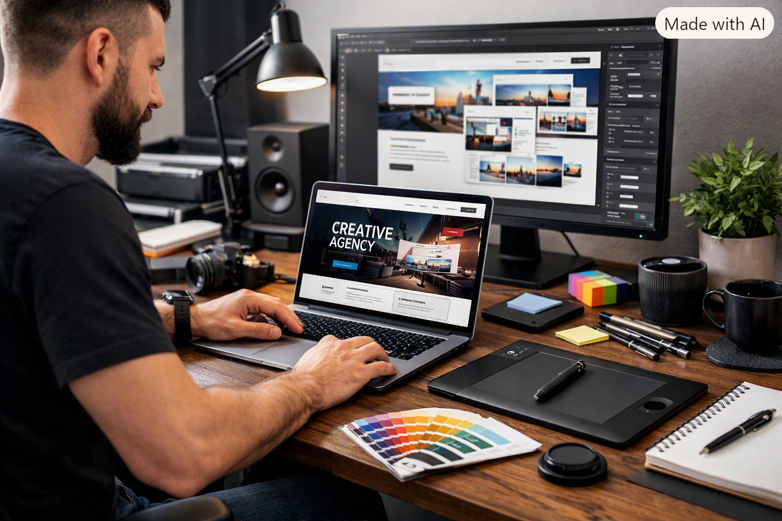Man working at a desk with dual monitors, a laptop displaying a website titled "Creative Agency," alongside various tools like color swatches, pens, a camera, and a notepad.