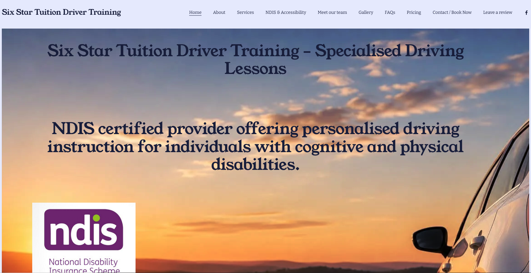 Website homepage for Six Star Tuition Driver Training, displaying a sunset sky, car door, and a logo for the National Disability Insurance Scheme (NDIS), with navigation links at the top.