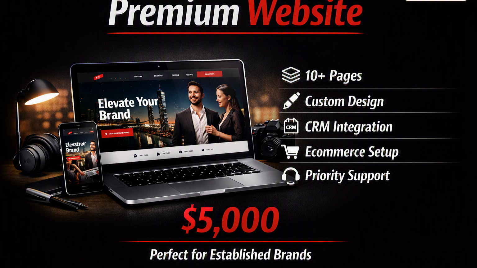 Advertisement for a premium website package priced at $5,000, featuring a laptop, smartphone, and camera, highlighting features like 10+ pages, custom design, CRM integration, eCommerce setup, and priority support