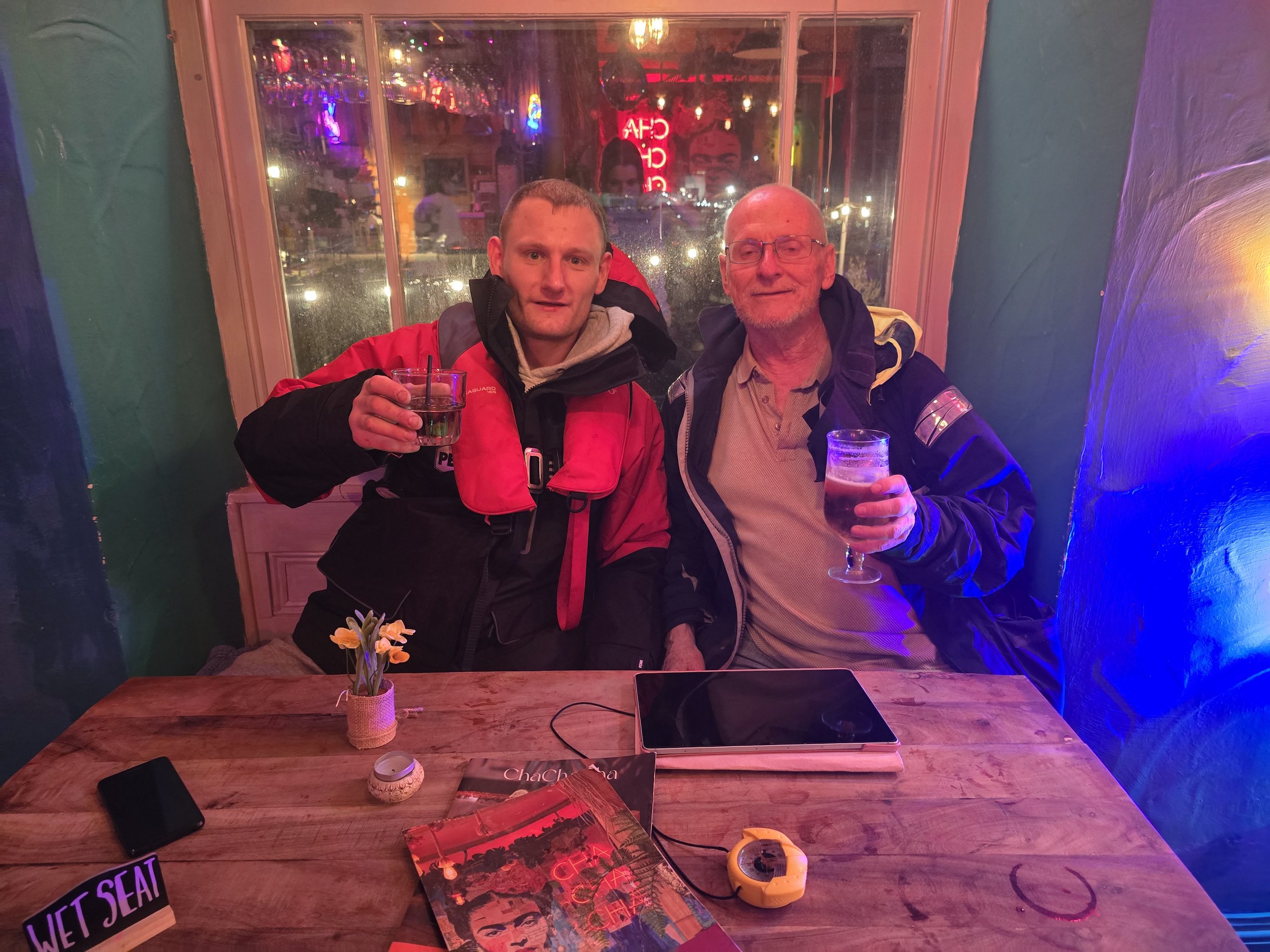 Two sailors  having a night out as part of a charter party. Evening entertainment and overnight stays on board our fleet of yachts.