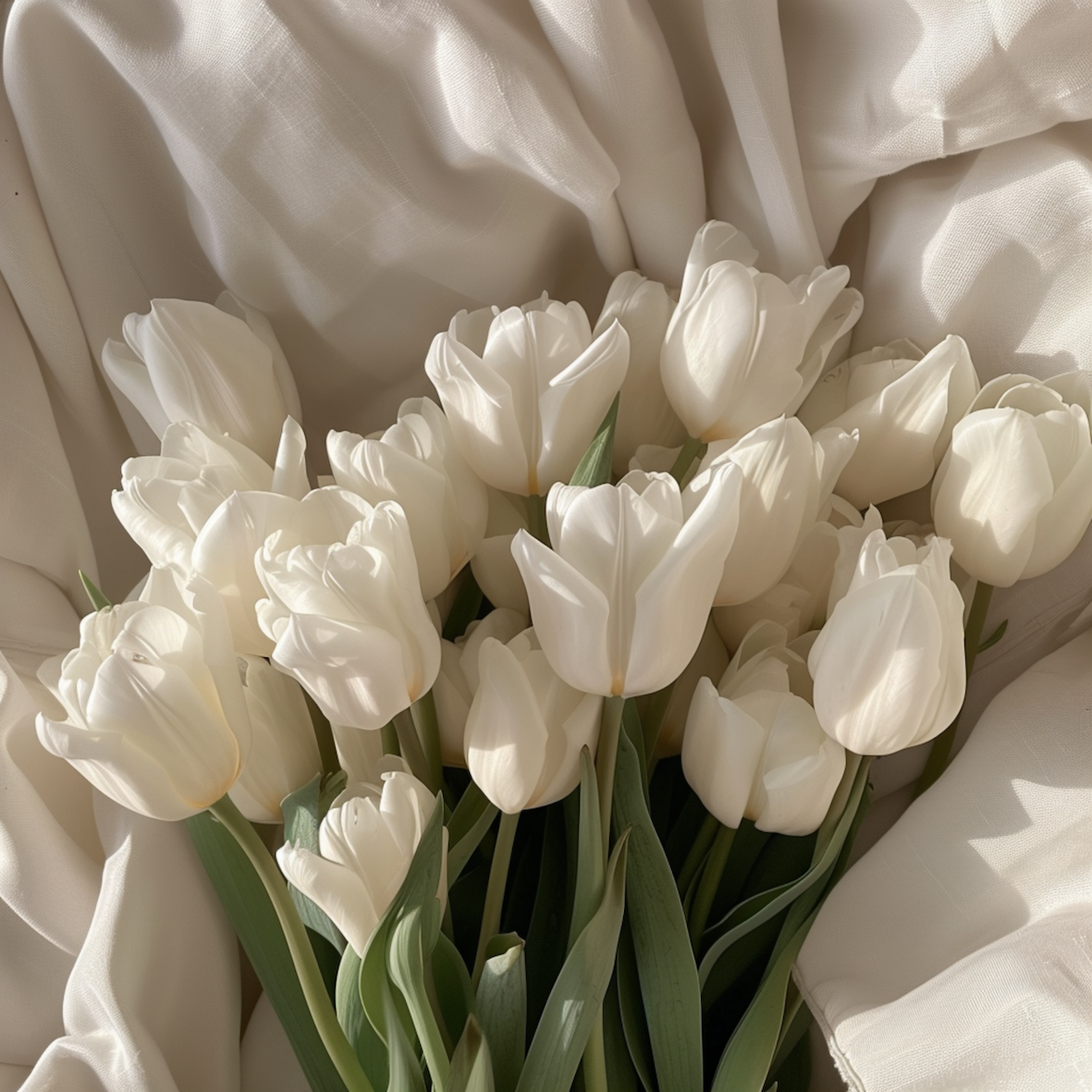 Bouquet de tulipes blanches sur un fond de tissu crème