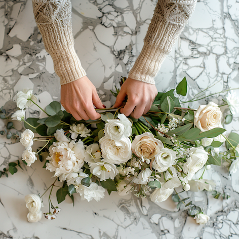 Mains d'une personne alors qu'elle arrange un bouquet de fleurs blanches et roses sur une surface en marbre.