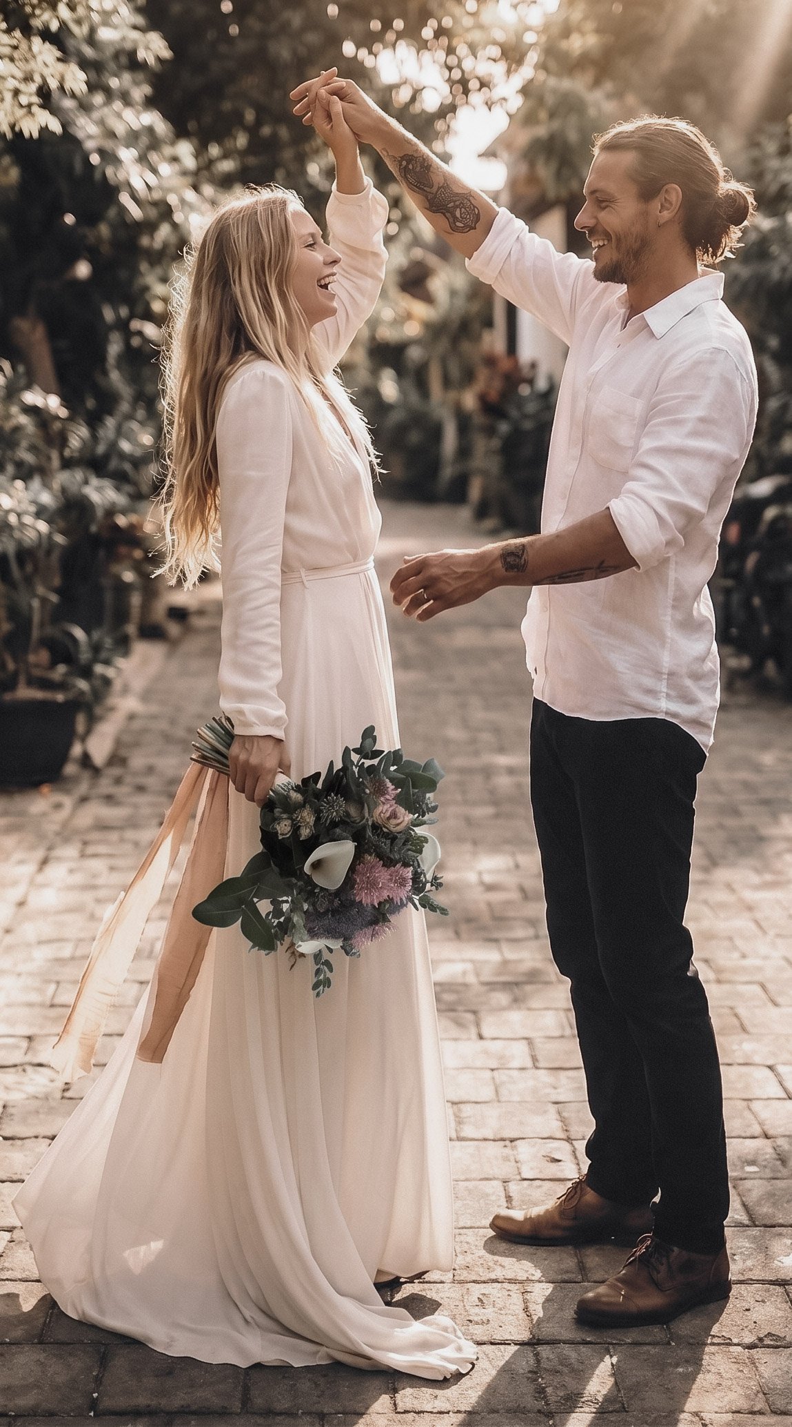 Un couple danse ensemble dans une rue pavée, la femme en robe blanche longue et le homme en chemise blanche, tous deux souriants, avec un bouquet de fleurs dans la main de la femme, l'ambiance est chaleureuse et romantique au coucher du soleil.