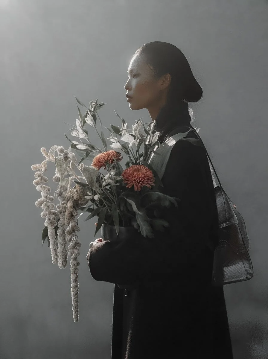 Femme en profil tenant un bouquet de fleurs, portait artistique en noir et blanc avec lumière douce.