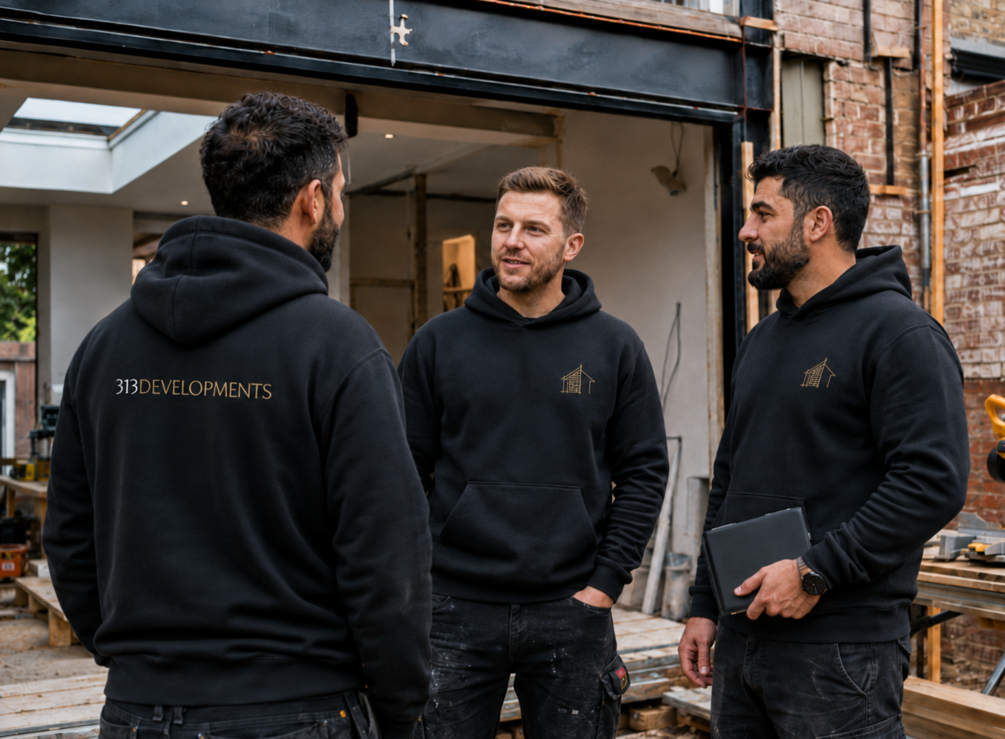 Three construction workers in black hoodies having a conversation at a building site with exposed brick and construction materials in the background.