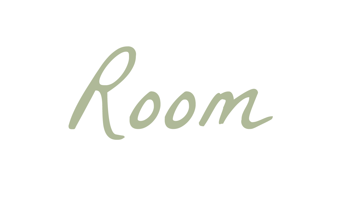 A black background with the word 'Room' written in cursive, light green font.