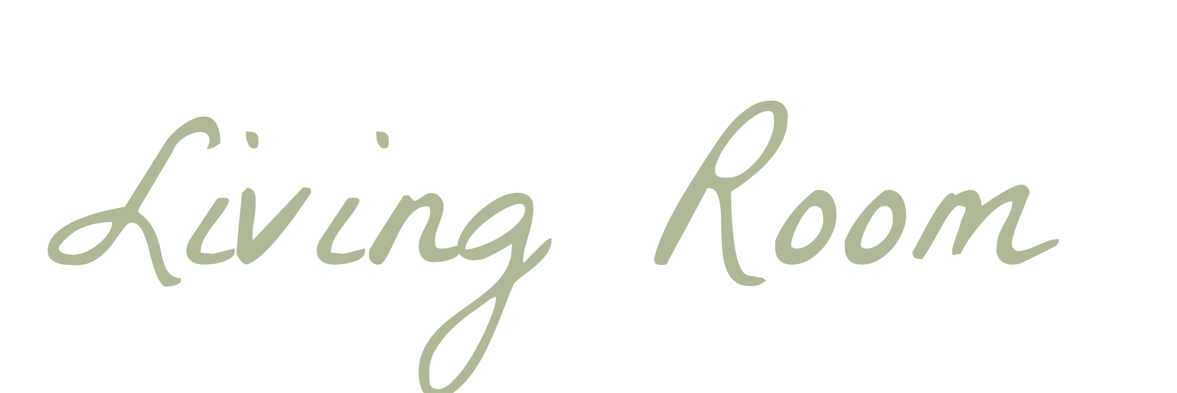 Text that reads 'Living Room' in a cursive, light-colored font on a black background.
