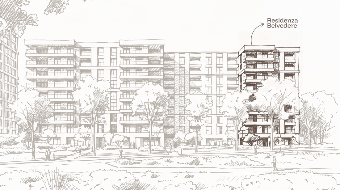 Disegno di un edificio residenziale con balconi e alberi sullo sfondo, etichetta 'Residenza Belvedere' in alto a destra.