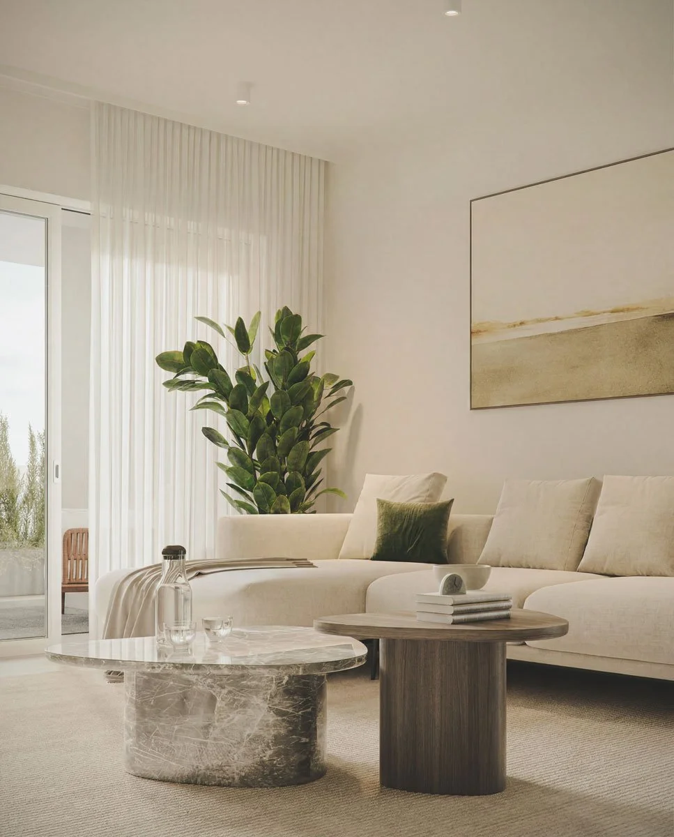Soggiorno elegante con divano beige, tavolini in marmo e legno, grande pianta verde, tende bianche, quadro astratto sulla parete, porta finestra con vista esterna, atmosfera luminosa e moderna.