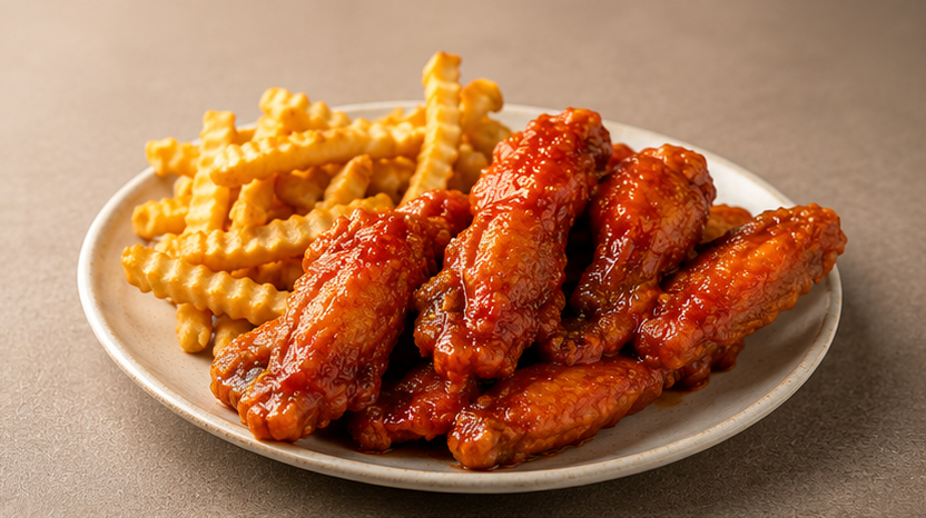 Fried chicken wings covered in sauce with crinkle-cut French fries on a white plate
