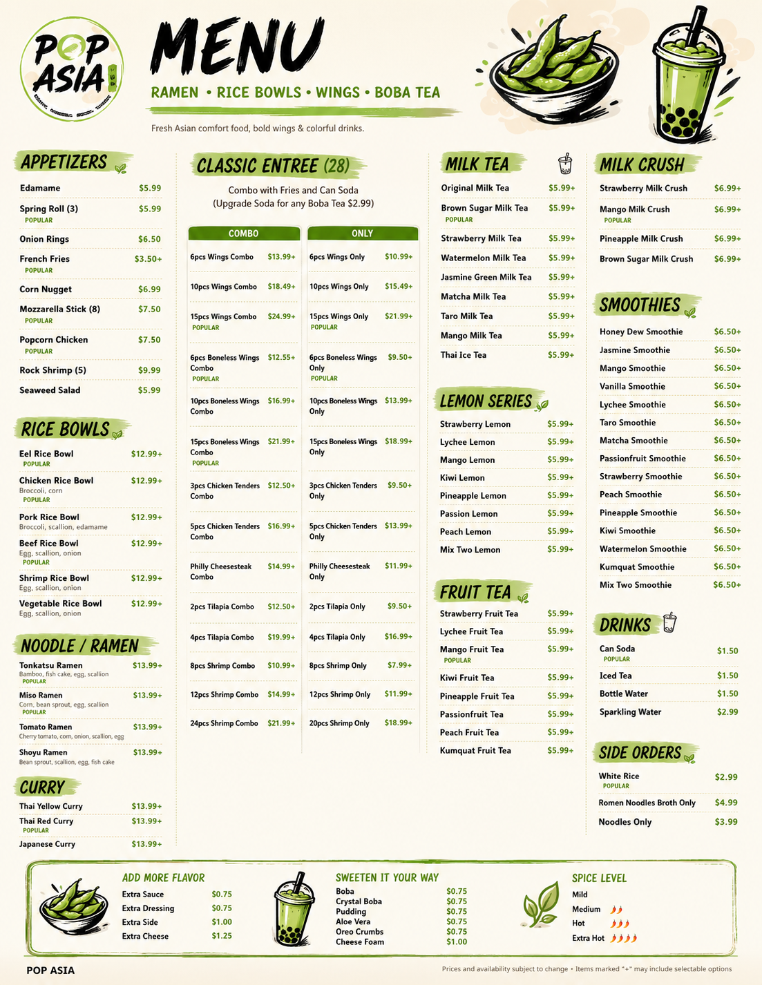 A menu for Pop Asia restaurant featuring sections for appetizers, rice bowls, noodle/ramen, curry, classic entrees, milk tea, milk crush, smoothies, lemon series, fruit tea, drinks, and side orders. Contains prices and food options with illustrations of edamame and bubble tea.