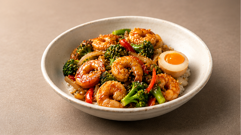 A bowl of stir-fried shrimp with broccoli, red bell peppers, and onions over rice, topped with sesame seeds and a halved soft-boiled egg.
