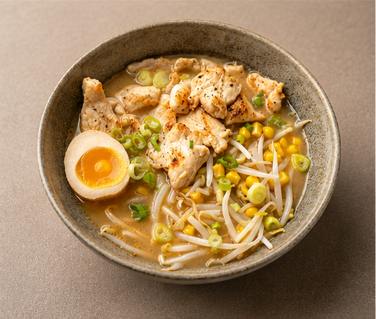 A bowl of ramen soup with a soft-boiled egg, chicken pieces, bean sprouts, corn, and chopped green onions.