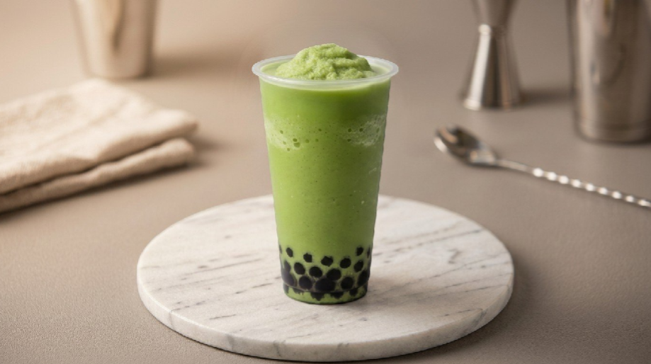Green bubble tea with black tapioca pearls in a clear plastic cup on a white marble coaster.