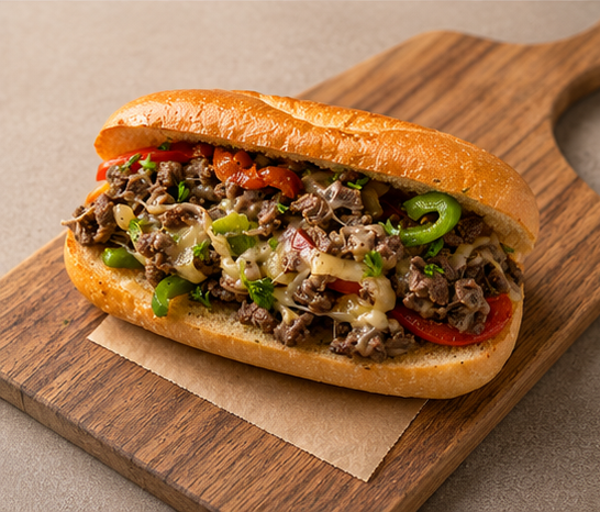 Philly cheesesteak sandwich with sliced beef, green and red peppers, melted cheese in a hoagie bun on a wooden serving board.