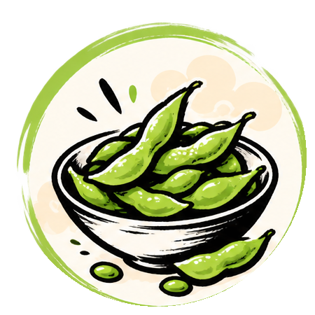 A bowl of green edamame soybeans with some spilled onto the surface, illustrated in a cartoon style with a green and cream background.