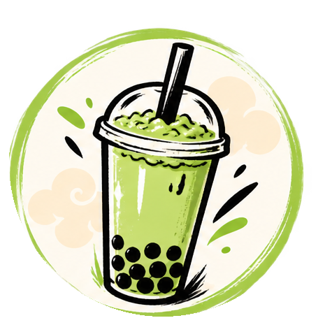 Illustration of a green bubble tea with tapioca pearls, straw, and lid on a circular background.
