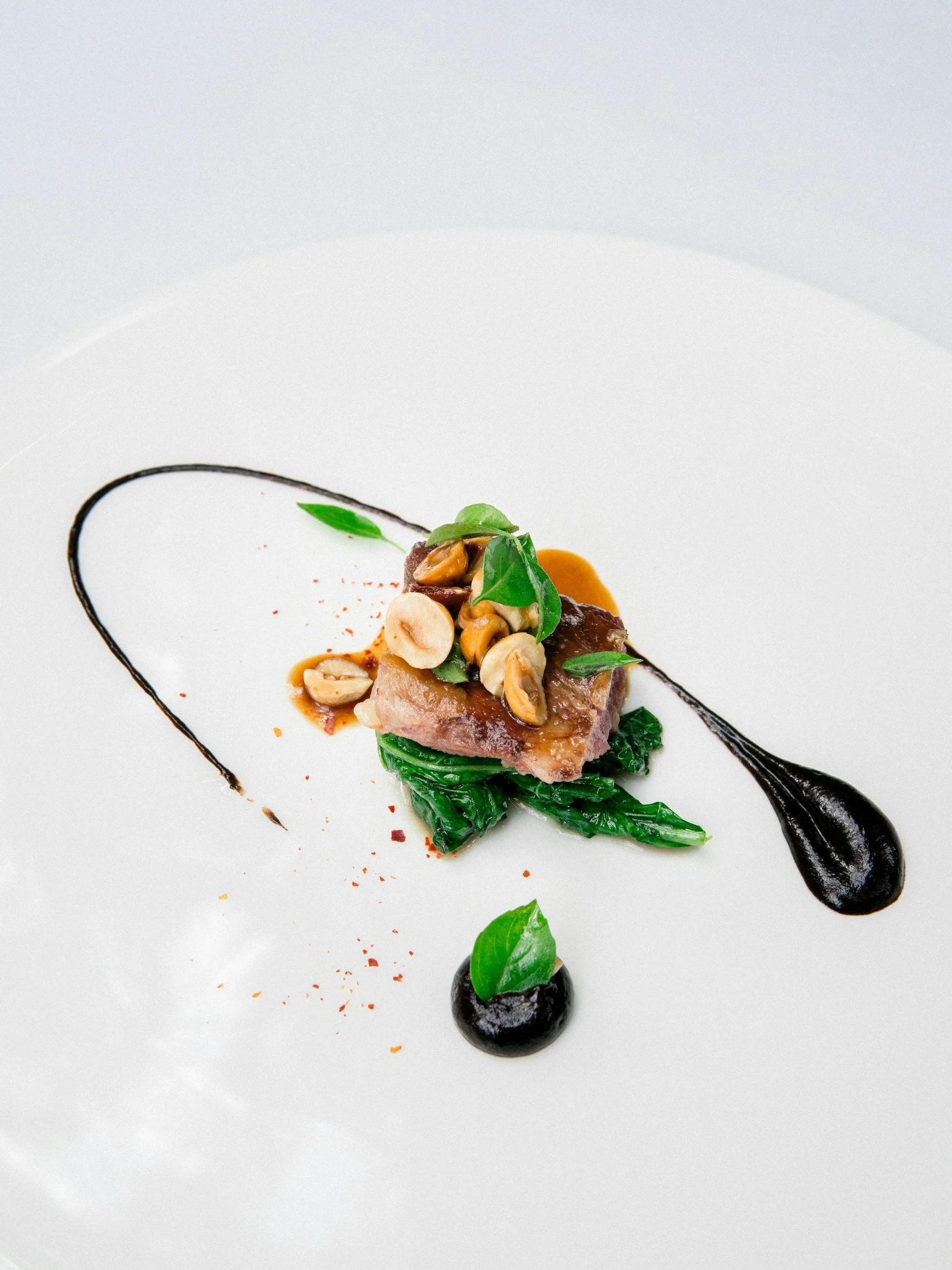 A fine dining plate with a seared piece of meat, topped with nuts and garnished with green herbs, and accompanied by green vegetables, black sauce dots, and artistic black sauce streaks on a white plate.