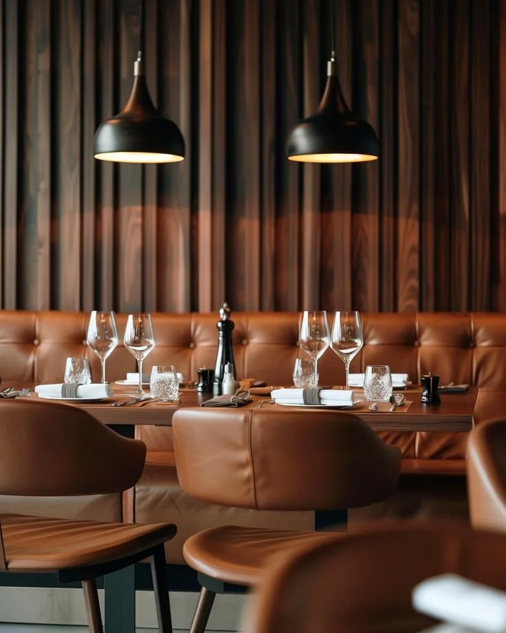 Elegant restaurant table set with wine glasses, napkins, salt and pepper shakers, and a pepper grinder, with a brown leather bench and two black hanging pendant lights above.